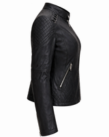 Quilted Leather Biker Jacket with Diamond Panels and Zip Detail