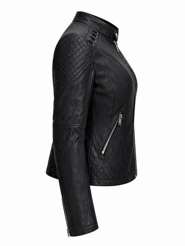 Quilted Leather Biker Jacket with Diamond Panels and Zip Detail