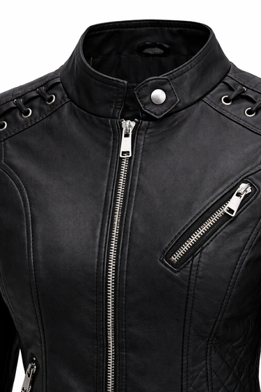 Quilted Leather Biker Jacket with Diamond Panels and Zip Detail