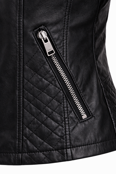 Quilted Leather Biker Jacket with Diamond Panels and Zip Detail