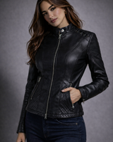 Close-up of diamond quilted panels on the shoulders and upper arms of the leather jacket