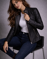Rear view of the quilted leather biker jacket showing top-stitching detail