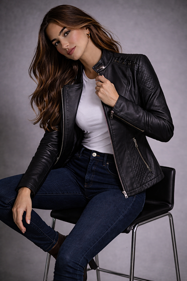 Rear view of the quilted leather biker jacket showing top-stitching detail