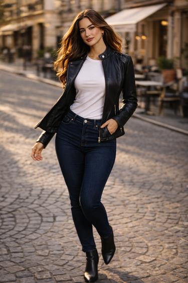 Close-up of the lapel collar with button accents on the leather biker jacket