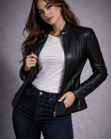 Three-quarter view of the tailored silhouette of the quilted leather biker jacket