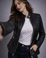 Close-up of the zipped cuff detail on the sleeve of the leather jacket