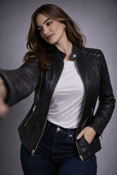 Close-up of the zipped cuff detail on the sleeve of the leather jacket