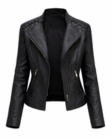 Front view of a quilted real leather biker jacket with off-centre zip closure
