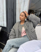 Quilted Oversized Bomber Jacket with Flap Pockets