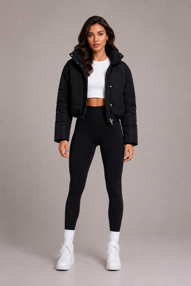 Front view of a cropped quilted puffer jacket with a fitted hood and full-length zip