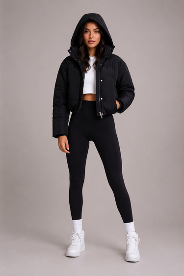 Side profile of the cropped quilted jacket showing waist-length hem and sleeve detail