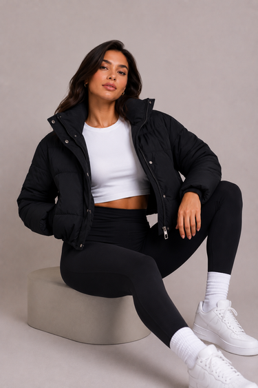 Model wearing the cropped quilted puffer jacket over straight-leg trousers