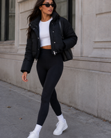 Flat lay of the quilted hooded cropped puffer jacket showing full silhouette