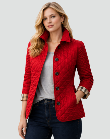 Side profile showing the tailored silhouette of the quilted jacket