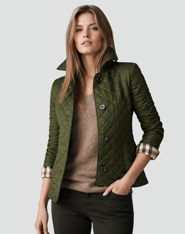 Full-length front view of the quilted puffer jacket styled casually