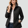 Front view of a quilted puffer jacket with button front and diamond stitching