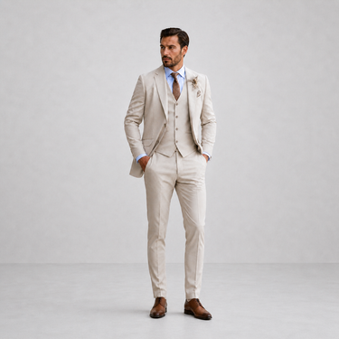 Refined Men’s Linen Three-Piece Suit With Notch Lapels And Waistcoat