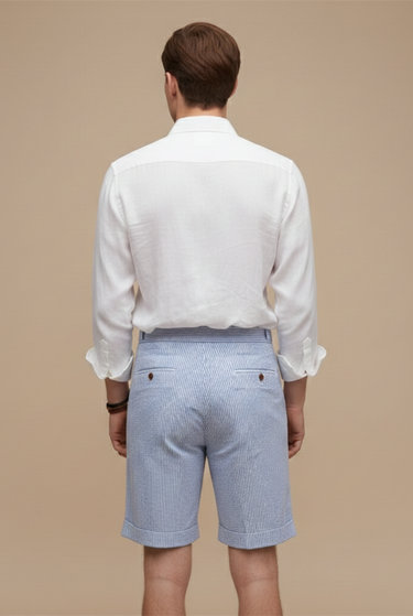 Refined Men’s Seersucker Chino Shorts With Pleated Front And Turn Up Hem