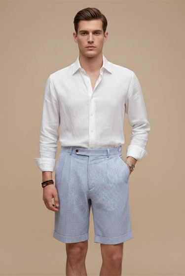 Refined Men’s Seersucker Chino Shorts With Pleated Front And Turn Up Hem
