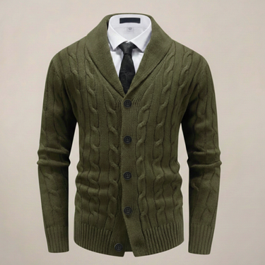 Refined Men’s Shawl Collar Cardigan With Button Front And Cable Knit Design