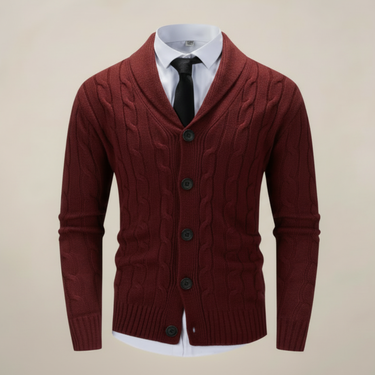Refined Men’s Shawl Collar Cardigan With Button Front And Cable Knit Design