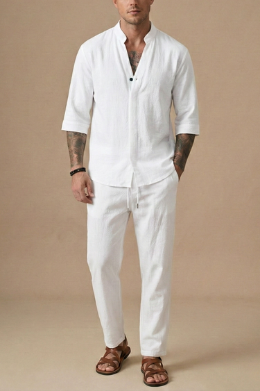 Refined Men’s Short Sleeve Band Collar Shirt And Drawstring Trousers Set