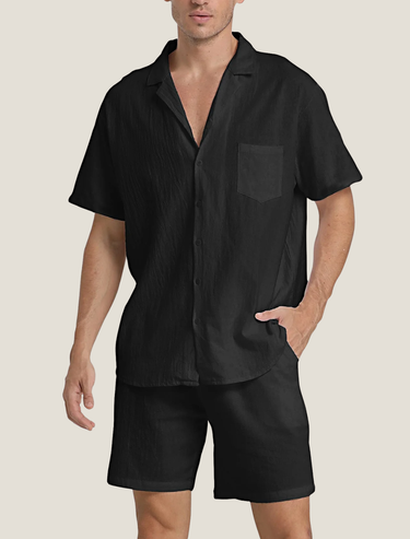 Refined Men’s Short Sleeve Button Shirt And Drawstring Shorts Set