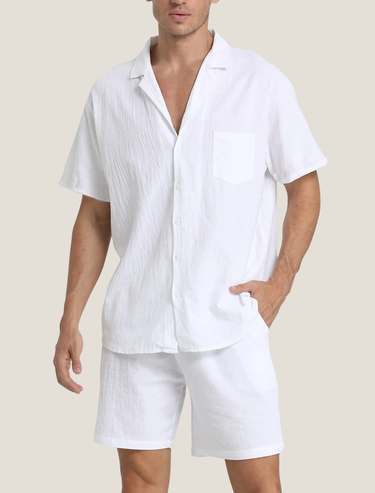 Refined Men’s Short Sleeve Button Shirt And Drawstring Shorts Set
