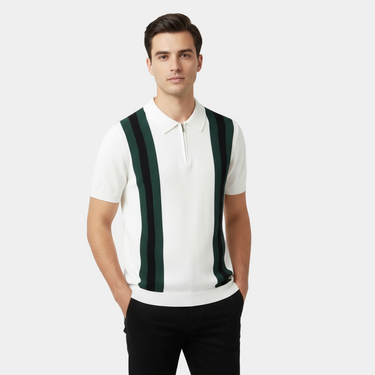 Refined Men’s Striped Polo Shirt With Half Zip Placket And Short Sleeve Knit