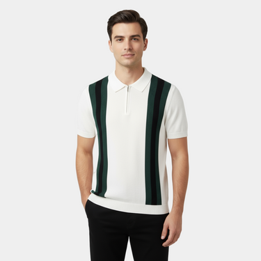 Refined Men’s Striped Polo Shirt With Half Zip Placket And Short Sleeve Knit