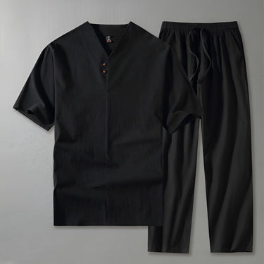 Refined Men’s V Neck Short Sleeve Shirt And Drawstring Trousers Set