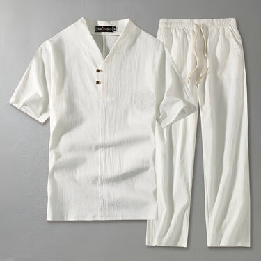 Refined Men’s V Neck Short Sleeve Shirt And Drawstring Trousers Set