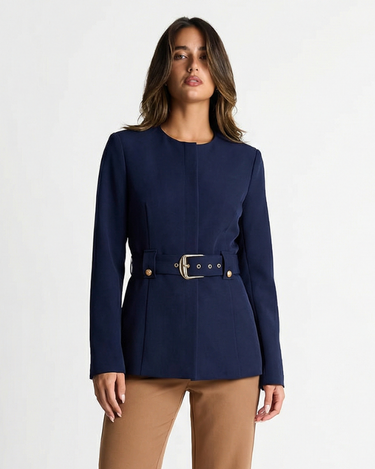 Refined Women’s Belted Blazer With Round Neck And Structured Fit