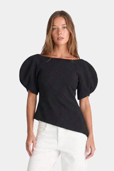 Refined Women’s Knit Top With Puff Sleeve And Asymmetric Hem