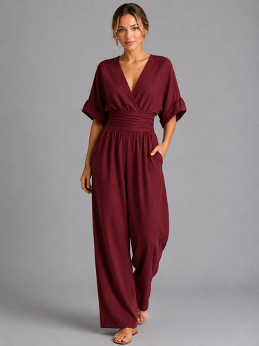 Back view of the wide-leg denim jumpsuit