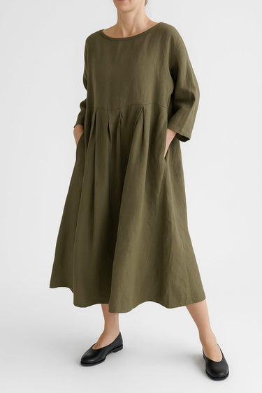 Relaxed Fit Midi Dress with Front Pleats