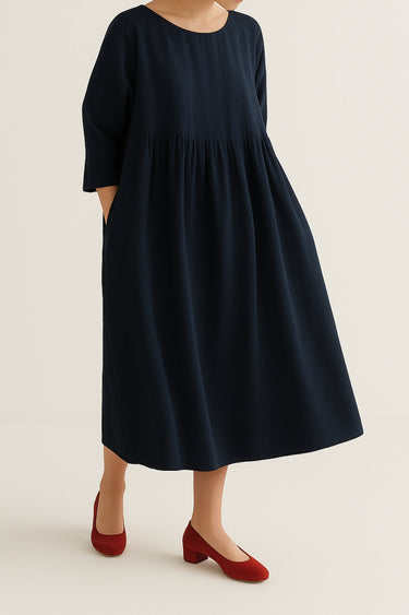 Relaxed Fit Midi Dress with Front Pleats