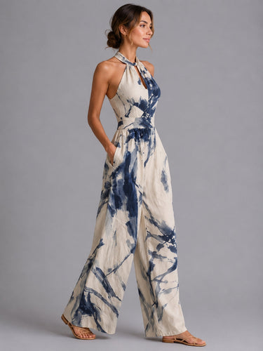 Side view showing the relaxed wide-leg silhouette and linen blend fabric drape