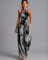 Back view of the open halter neckline and tie fastening detail