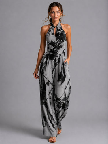 Back view of the open halter neckline and tie fastening detail