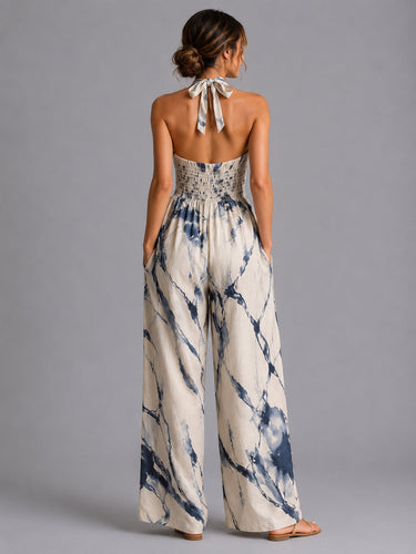 Close-up of the halter tie neckline and fabric texture on the black colourway