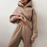 Front view of a matching hoodie and jogger set with oversized hood