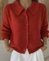 Close-up of warm-toned buttons and ribbed cuffs on knit cardigan