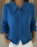 Relaxed fine knit cardigan with wide pointed collar and button-through front