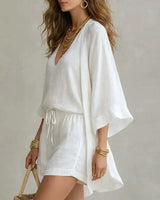 Side view of the linen co-ord set showing the kimono-style jacket