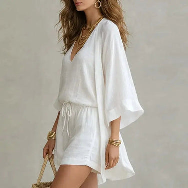 Side view of the linen co-ord set showing the kimono-style jacket