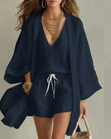 Full-length view of the linen set worn with the kimono jacket open