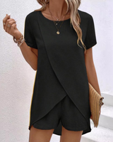 Front view of the two-piece lounge set showing the top and matching shorts