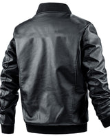 Detail shot of the collar and lapel area of the men's leather jacket
