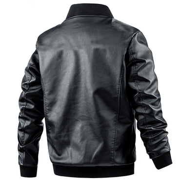 Detail shot of the collar and lapel area of the men's leather jacket